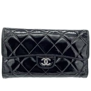 CHANEL Black Patent Quilted Wallet